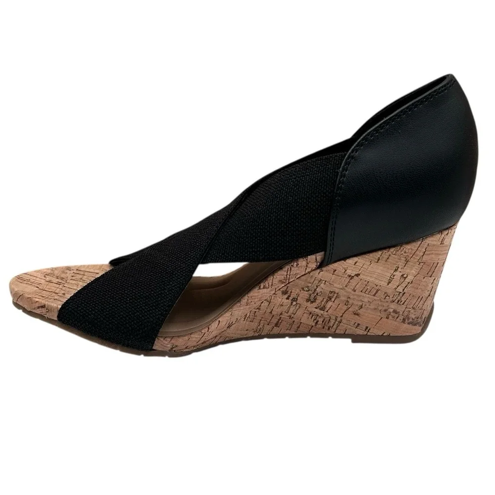 Kenneth Cole Gelena Women's Stretch Cork Wedge‎ Sandal Size 9 Black-Tan Open Toe
